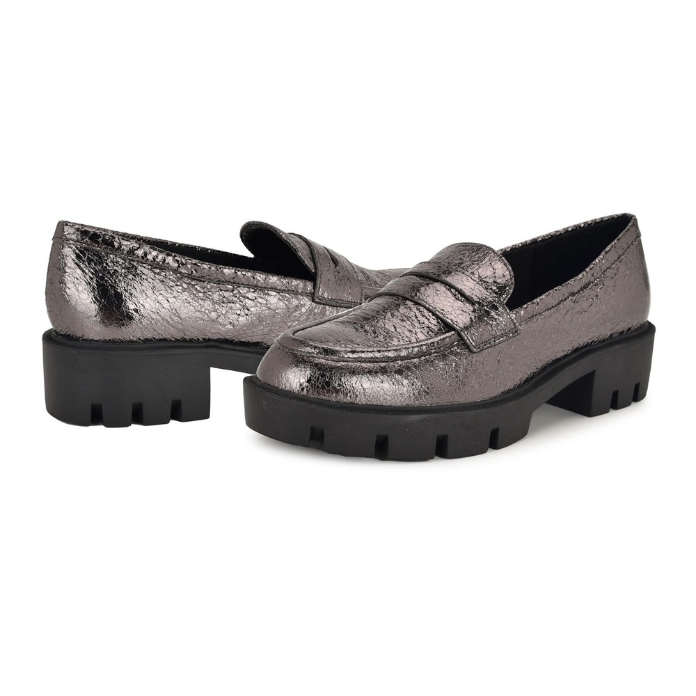 New Nine West Penny Loafers Womens 7.5 Maibel Pewter Gray Flats Platform Lugs